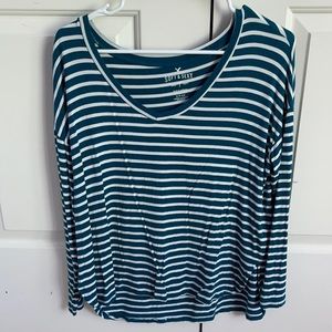 Turquoise and white striped long sleeve shirt